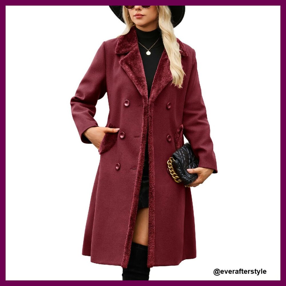 Double-Breasted Faux Fur Lapel Coat Slim Fit Elegant Winter Jacket Classic